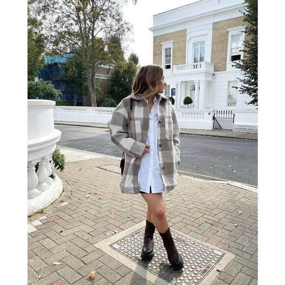 Oversized Shirt Plaid Jacket Shacket Neutrals New - Picture 10 of 16